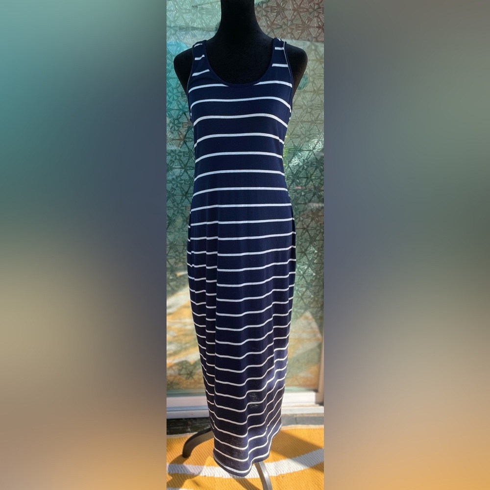 Navy Blue & White Striped T-Back Tank Dress Size Medium